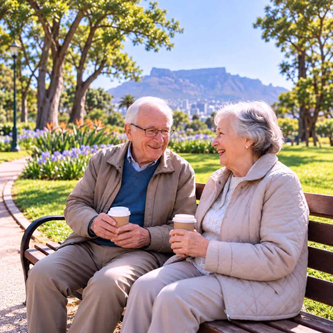 An older couple sitting on a park bench with coffee, smiling at each other, with Table Mountain and a Cape Town park in the background